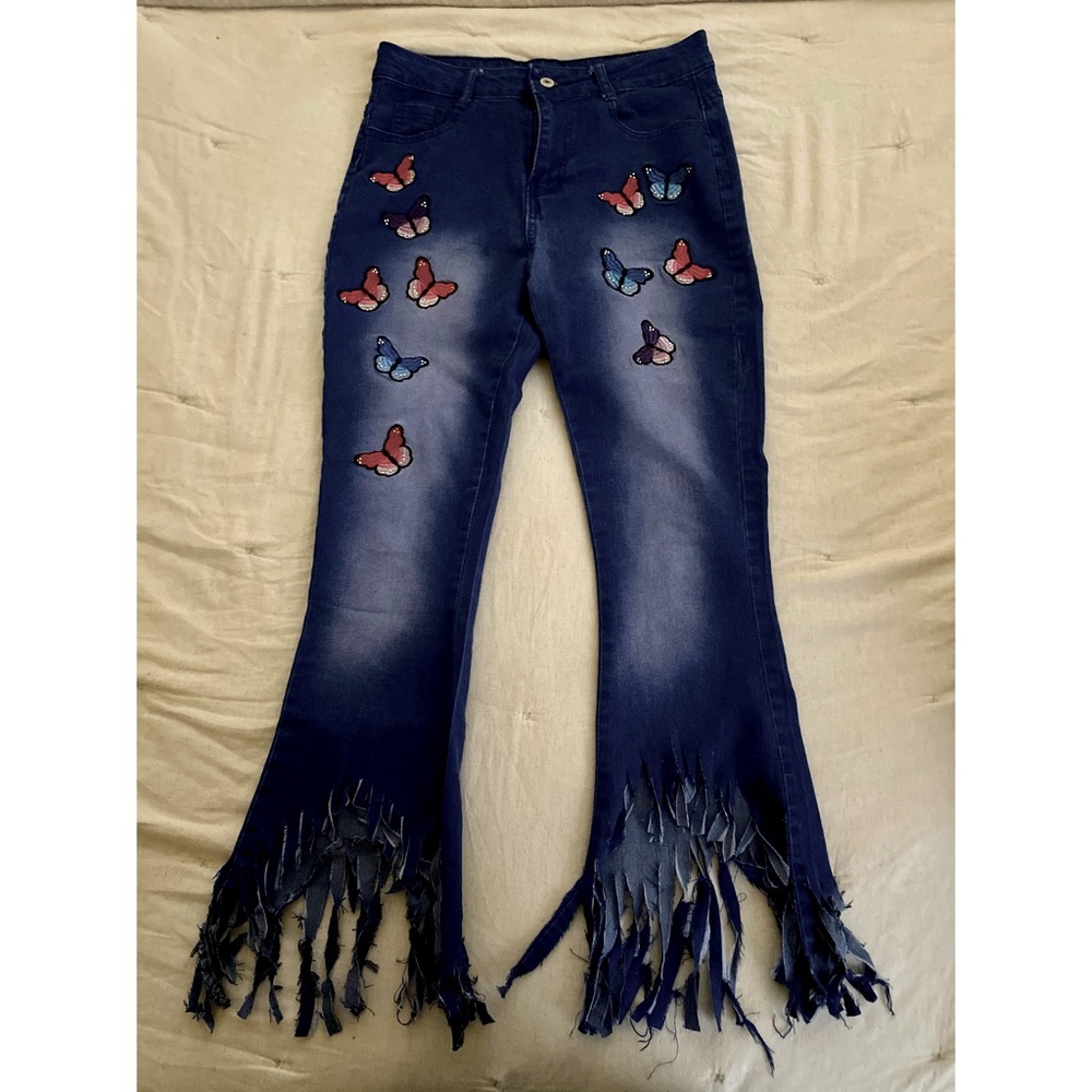 High waisted fringe flare butterfly jeans